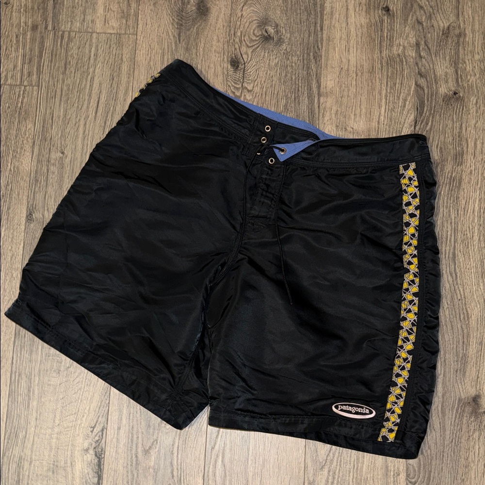 VINTAGE Patagonia Black Swim Board Shorts with Yellow Accent vintage size 38